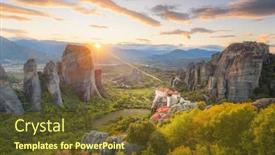  Presentation with sky sun - Colorful presentation design enhanced with landscape-of-meteora-greece backdrop and a tawny brown colored foreground
