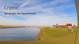 Presentation with village - Slide deck having landscape-river-the-eem background and a light blue colored foreground
