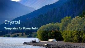  Presentation with boat river - Beautiful theme featuring landscape scene of river or lake with boat on shore with mountains backdrop and a ocean colored foreground