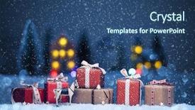  Presentation with gifts - Colorful presentation design enhanced with landscape with gifts and snow backdrop and a ocean colored foreground