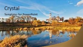  Presentation with russian - Presentation design enhanced with landscape with old russian church background and a light blue colored foreground