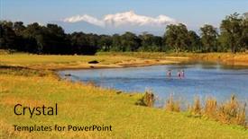  Presentation with himalaya - Colorful presentation theme enhanced with landscape with river in nepal with view on himalaya backdrop and a gold colored foreground