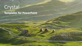  Presentation with sheep flock lambs standing - Presentation theme consisting of landscape-with-sheperd-houses background and a  colored foreground