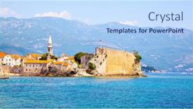  Presentation with landscape - Cool new slide deck with landscape-with-the-old-town backdrop and a light blue colored foreground