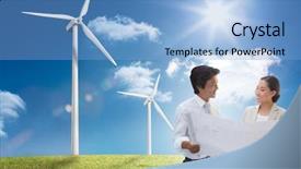  Presentation with potential - Colorful slide set enhanced with estate agent looking at blueprint with potential buyer against digital landscape with three wind turbines backdrop and a light blue colored foreground