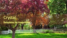  Presentation with apple trees are blooming pink - PPT theme having landscape with white picket fence background and a tawny brown colored foreground