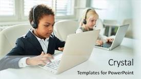  Presentation with language child - Presentation theme featuring language children - african child at the laptop background and a sky blue colored foreground