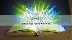 Presentation with language - Presentation consisting of language proficiency inscription coming out from an open book educational concept background and a soft green colored foreground