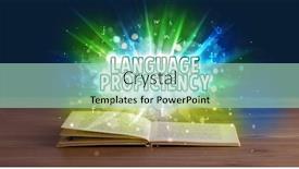  Presentation with open book - Theme featuring language-proficiency-inscription-coming-out background and a mint green colored foreground