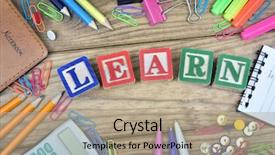  Presentation with learn - Amazing presentation theme having language skills primary education - learn word and office tools backdrop and a coral colored foreground