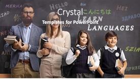  Presentation with teachers - PPT theme consisting of language-teachers-and-pupils-posing background and a dark gray colored foreground