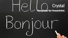 Presentation with french language - Beautiful presentation theme featuring language teaching - bonjour hello in french written backdrop and a dark gray colored foreground