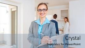  Presentation with realtor - PPT theme enhanced with lanlord tenant - smiling realtor in new house background and a light blue colored foreground