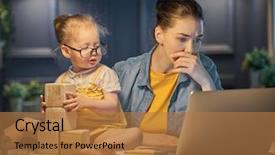  Presentation with working mother - Presentation enhanced with lap - young mother with toddler child background and a coral colored foreground