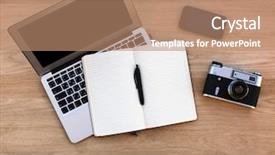  Presentation with web - PPT theme enhanced with laptop a vintage camera background and a coral colored foreground