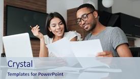  Presentation with cheerful - Audience pleasing presentation consisting of laptop and analyzing their finance backdrop and a sky blue colored foreground