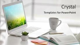  Presentation with tea cup - Colorful presentation design enhanced with laptop and beautiful summer landscape backdrop and a light gray colored foreground