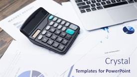  Presentation with financial report - Amazing slides having laptop-and-calculator-on-financial backdrop and a sky blue colored foreground