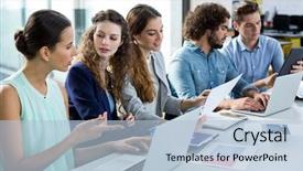  Presentation with meeting table - Beautiful theme featuring laptop and digital table backdrop and a light blue colored foreground