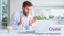  Presentation with winner cup - Amazing PPT layouts having laptop and drinking a cup backdrop and a  colored foreground