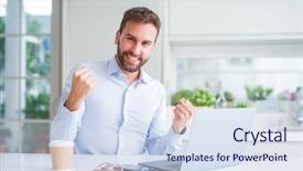  Presentation with computer on success - Theme with handsome man working using computer background and a sky blue colored foreground