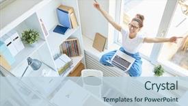  Presentation with front office - PPT theme consisting of laptop and having fun background and a sky blue colored foreground