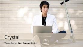  Presentation with asian nurse helps a man - Cool new presentation theme with laptop and listening to music backdrop and a lemonade colored foreground