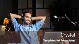  Presentation with old man and music - Beautiful PPT layouts featuring laptop and listening to music backdrop and a tawny brown colored foreground