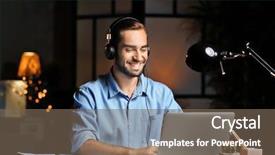  Presentation with listening - Slide deck featuring laptop and listening to music background and a violet colored foreground