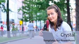  Presentation with city - Colorful PPT theme enhanced with laptop and looking at camera backdrop and a  colored foreground