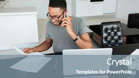  Presentation with man looking up happy - Amazing PPT theme having laptop and looking on papers backdrop and a seafoam green colored foreground