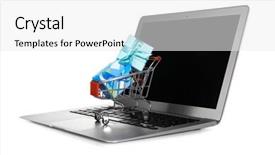  Presentation with shopping trolley - Theme enhanced with laptop and mini market trolley background and a  colored foreground