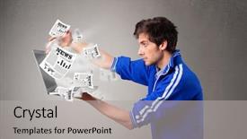  Presentation with young man holdng laptop on lap money - Slides with laptop and reading the explosive background and a light gray colored foreground