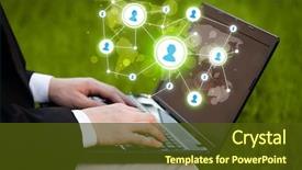  Presentation with social media network - Cool new PPT theme with laptop and social media network backdrop and a tawny brown colored foreground