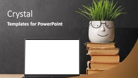  Presentation with learn - Presentation design with laptop-and-stack-of-books background and a dark gray colored foreground