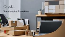  Presentation with organization - Presentation design featuring laptop-and-stack-of-cardboard background and a light gray colored foreground