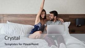  Presentation with internet surfing - Audience pleasing presentation design consisting of happy smiling man and woman enjoying in morning sitting in bed with laptop and surfing on internet backdrop and a light gray colored foreground