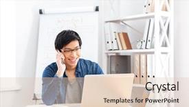  Presentation with glasses - Presentation with laptop and talking on cell background and a lemonade colored foreground