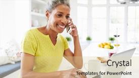  Presentation with talking on phone - PPT layouts with laptop and talking on phone background and a lemonade colored foreground