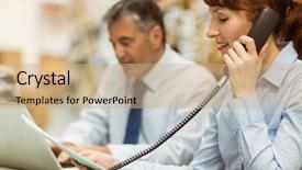  Presentation with talking on phone - PPT theme consisting of laptop and talking on phone background and a coral colored foreground