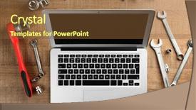  Presentation with wood carving tools - Theme having laptop and tools for car background and a tawny brown colored foreground