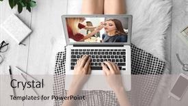  Presentation with makeup artist - Colorful slide deck enhanced with laptop and watching online backdrop and a light gray colored foreground
