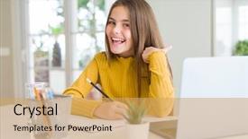  Presentation with notebook - Slide deck with laptop and writing on notebook background and a yellow colored foreground