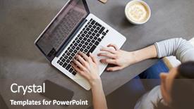  Presentation with white and black woman climbing ladders - Audience pleasing PPT theme consisting of laptop at coffee shop overhead backdrop and a violet colored foreground