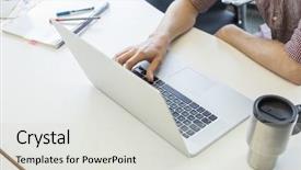  Presentation with young man holdng laptop on lap money - PPT layouts featuring laptop at desk in creative background and a light gray colored foreground