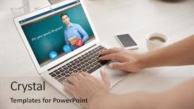  Presentation with video conferencing - Beautiful PPT theme featuring laptop at home distance education backdrop and a mint green colored foreground