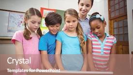  Presentation with elementary school career day and technology and black female teacher - Slide set consisting of laptop at the elementary school background and a coral colored foreground