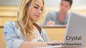  Presentation with lecture hall - Colorful presentation enhanced with laptop at the lecture hall backdrop and a  colored foreground