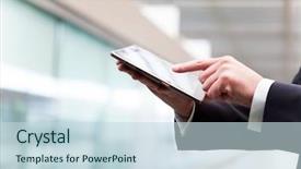  Presentation with hands holding black tablet - Presentation theme with team collaboration relationship union united background and a gray colored foreground