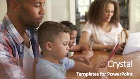  Presentation with teachers working around a table - Theme with laptop computer - family sitting around table background and a tawny brown colored foreground